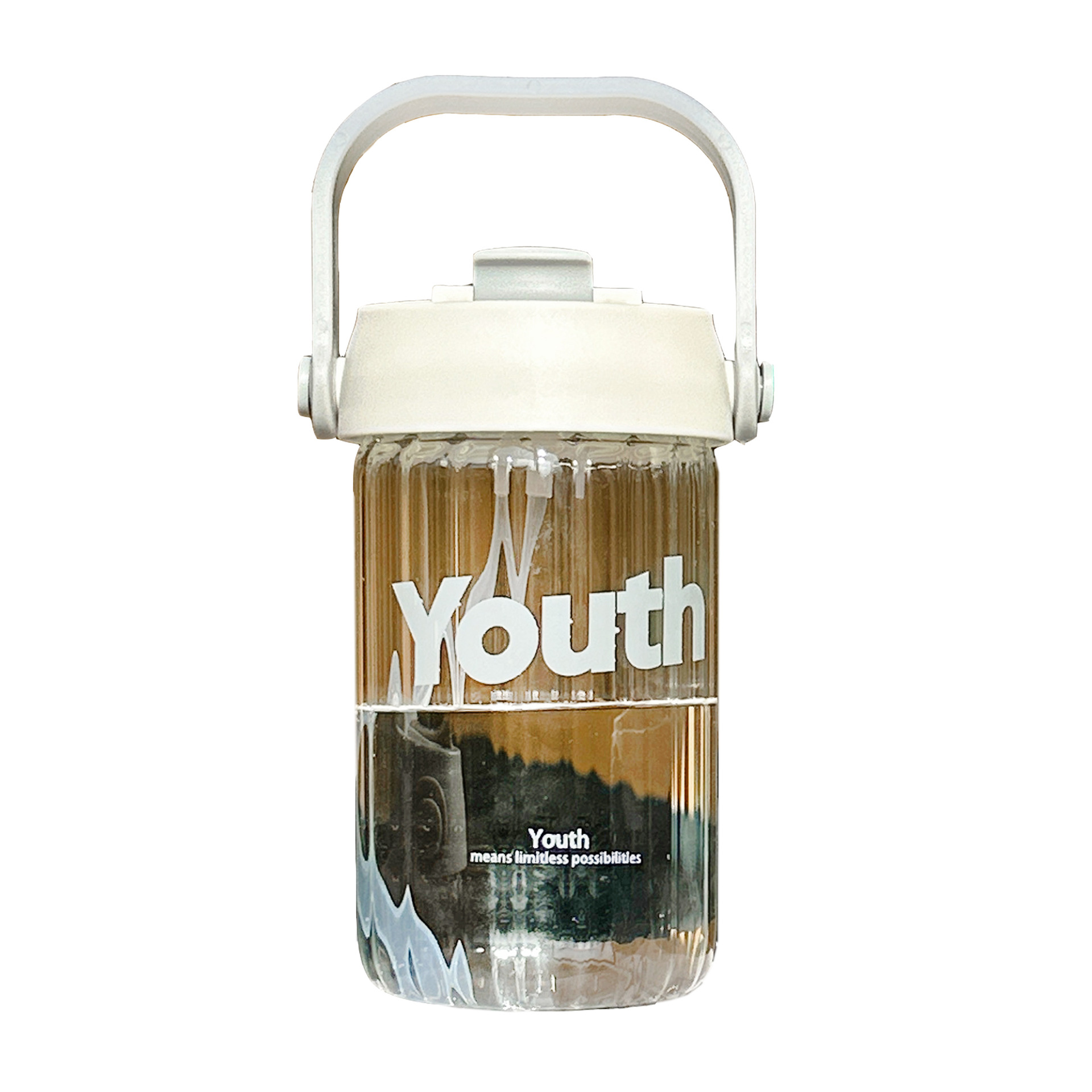 ins high appearance level glass cup with vertical patterns, simple summer water cup, double drinking, fashionable and portable, hand-held student straw cup Item Picture