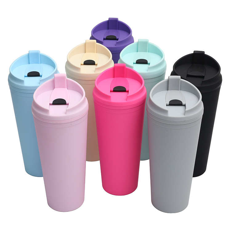 The manufacturer's new cross-border double-layer plastic straw cup, portable flip lid, large-capacity outdoor frosted portable cup full figure