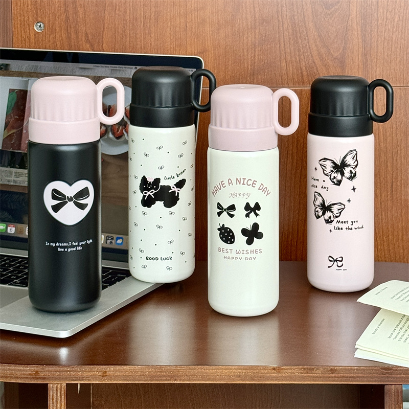 New cartoon cute water cup, student stainless steel portable insulated cup, girls' outdoor one-lid dual-purpose cup for school details Picture