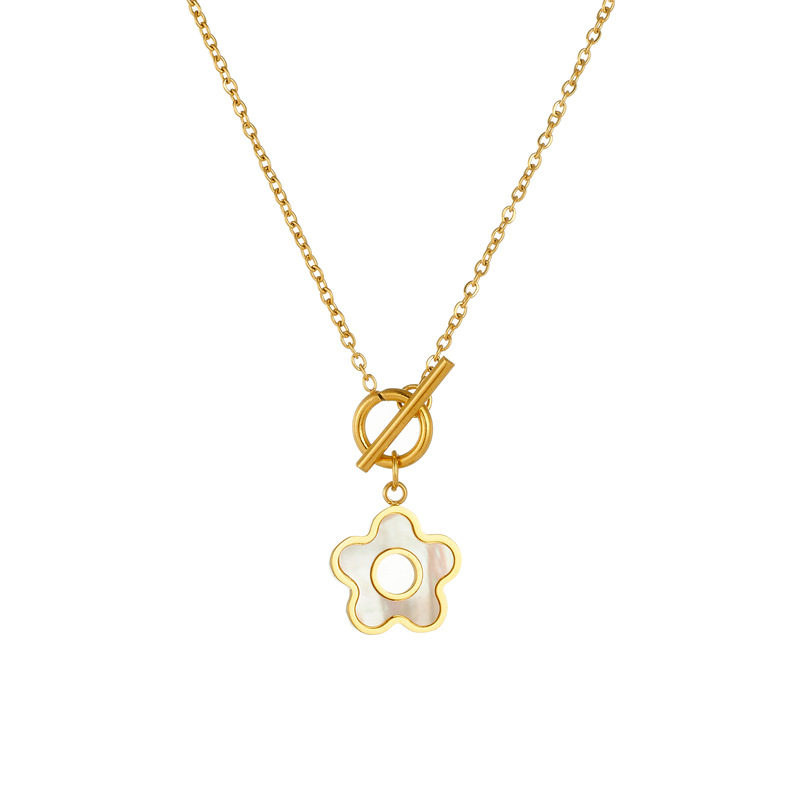 Cross-border fashionable, simple and elegant shell hollowed-out flower pendant OT buckle stainless steel chain jewelry necklace Item Picture