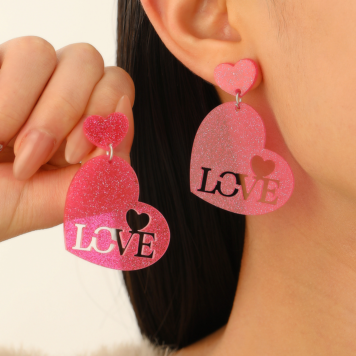European and American cross-border Valentine's Day LOVE heart-shaped earrings, spring and summer colorful acrylic flower stud earrings, women's accessories Specification drawing