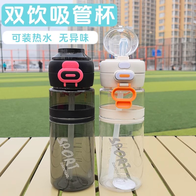 High appearance level summer outdoor sports portable plastic water cup with straw summer large-capacity straw cup for school students details Picture