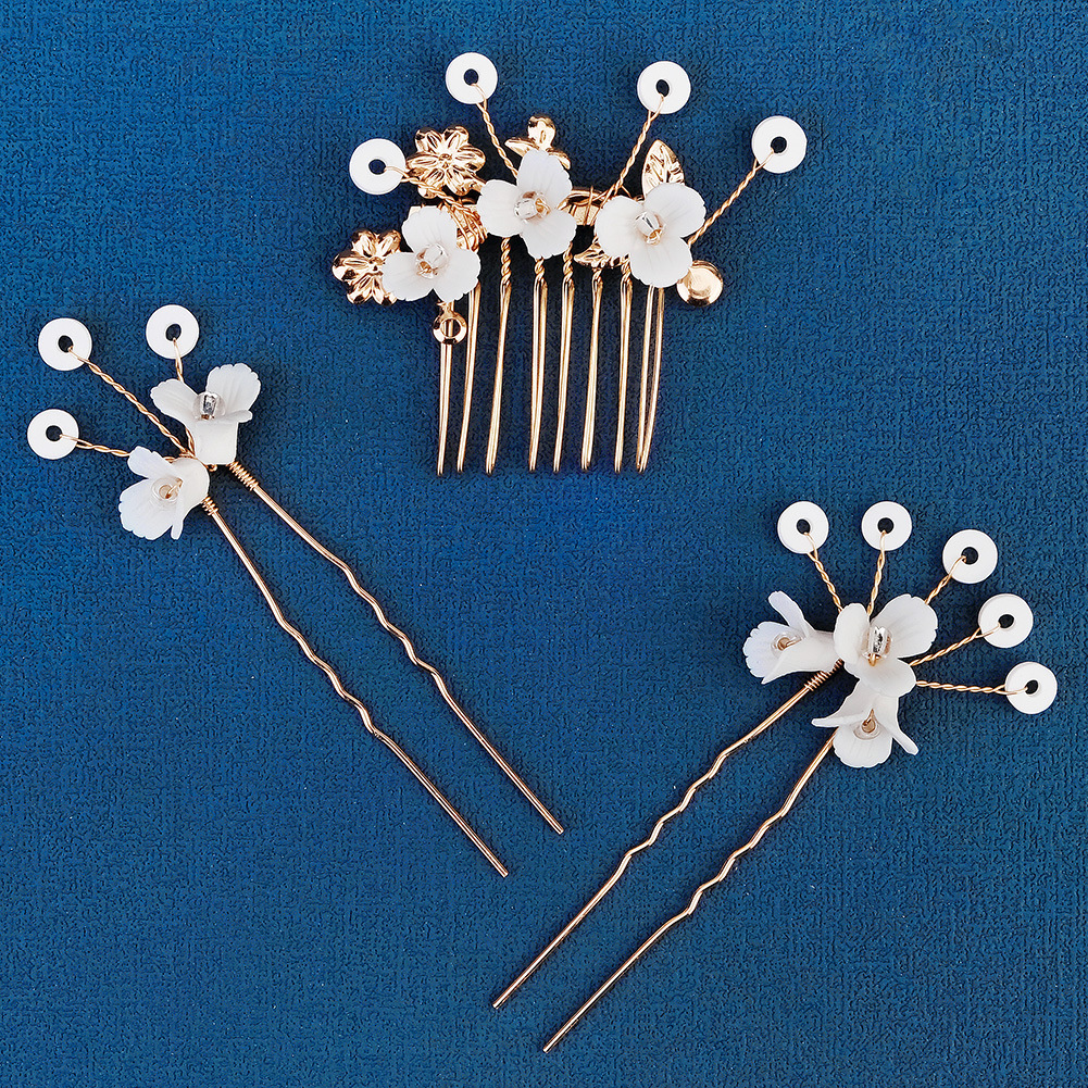 European and American retro bride's headwear, pearl and rhinestone comb set, versatile updo, handcrafted ceramic flower hairpin, comb for women details Picture