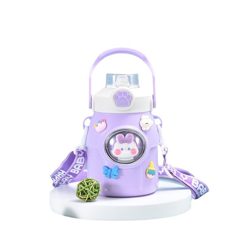 316 stainless steel children's insulated cup, portable hanging strap with lifting rope, cartoon large-bellied water cup, available in multiple colors Item Picture