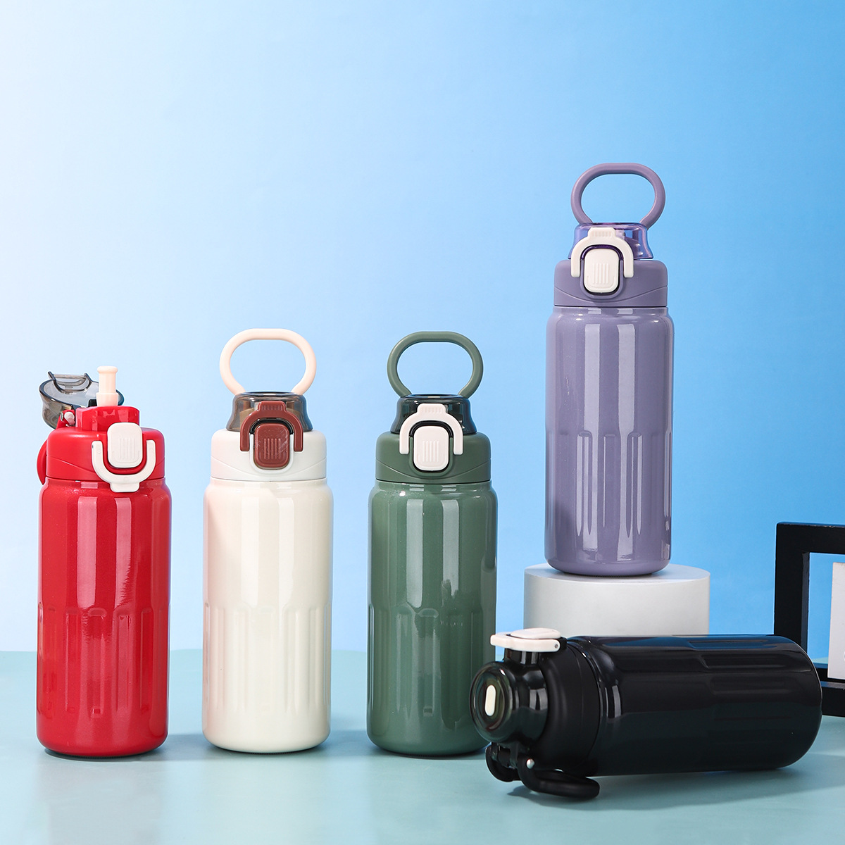 New portable sports water bottle, 316 stainless steel bouncing lid insulated cup, portable outdoor large-capacity straw cup details Picture