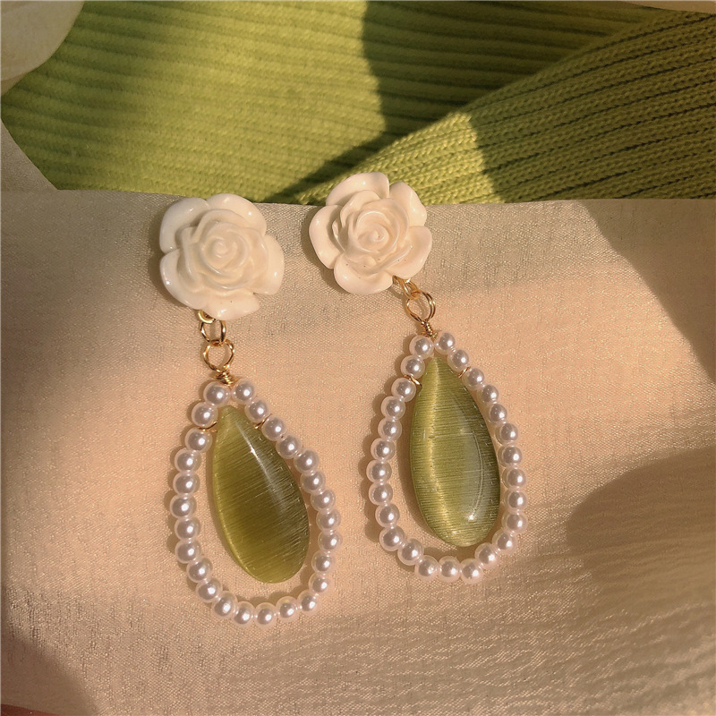 French retro green cat's eye stone ear studs, gentle pearl camellia rose water drop earrings, no ear piercings or ear clips full figure