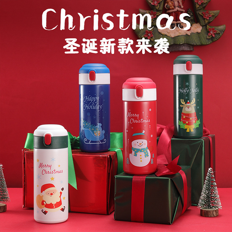 Christmas series cartoon insulated cups, snowman and elk printed lockable water cups, office and school straw cups details Picture