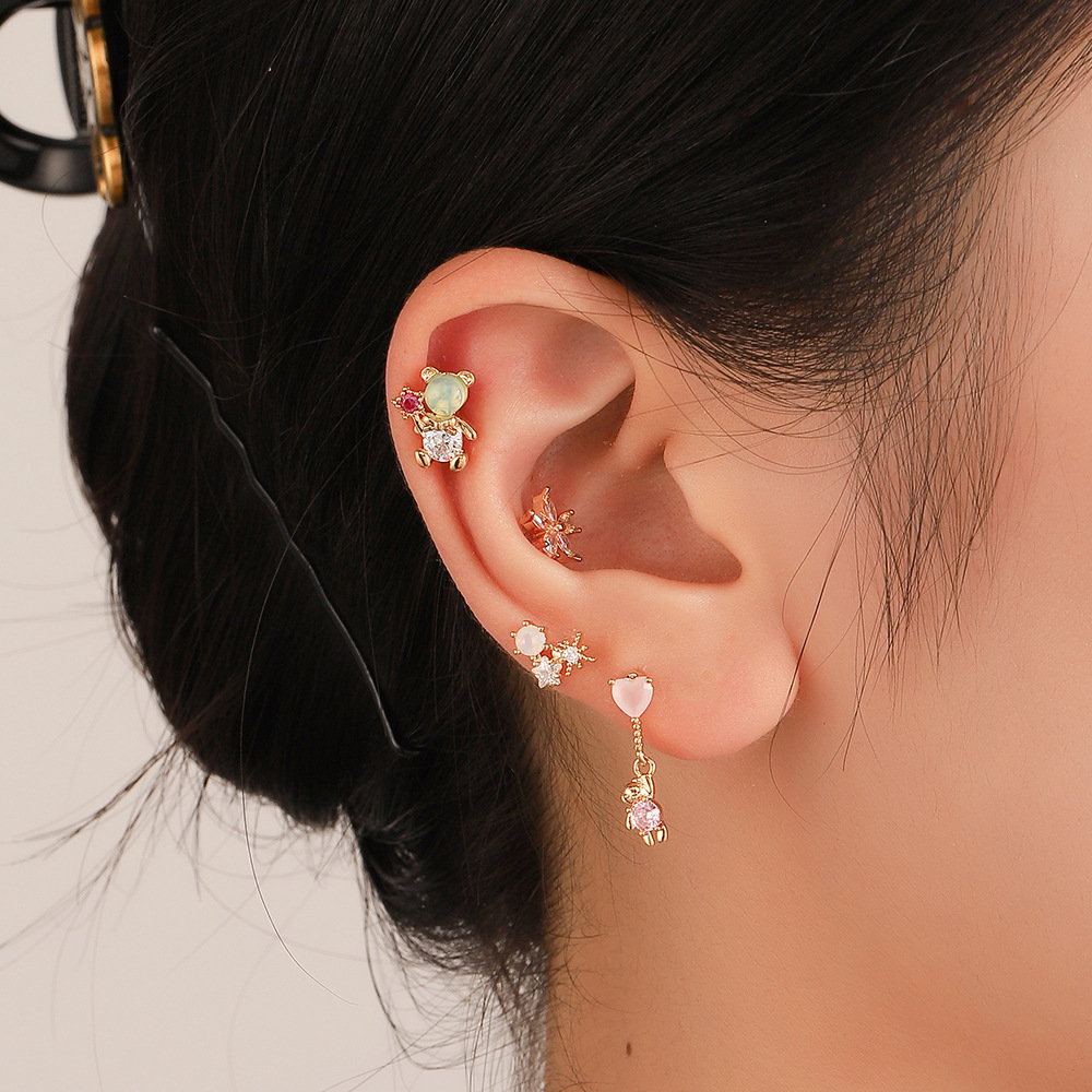 European and American cross-border ins dopamine earrings, high-end zircon flower bear heart star moon butterfly ear bone stud for women details Picture