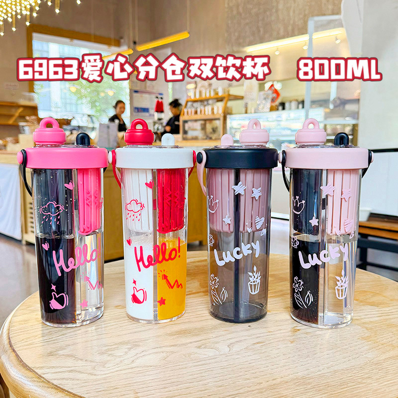 New double-compartment water cup with tea compartment, portable student straw cup, high appearance level for girls, summer tea brewing plastic cup gift Specification drawing