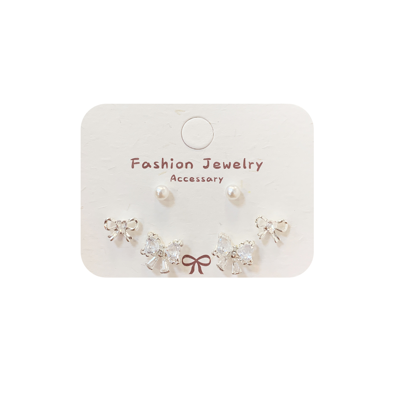 Korean version small and exquisite silver studded with zircon bow stud earrings three-piece set, sweet and heart-shaped female silver needle earrings Item Picture