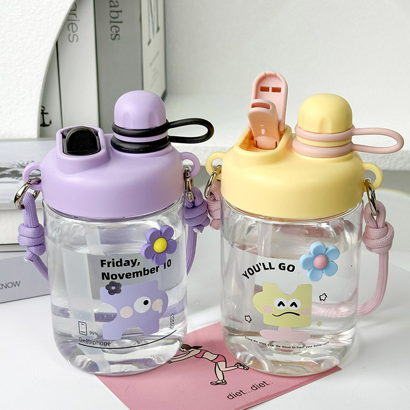 Summer new style with straw, high-temperature resistant, high appearance level, cute water cup, simple Korean version portable double-drinking plastic cup for students details Picture