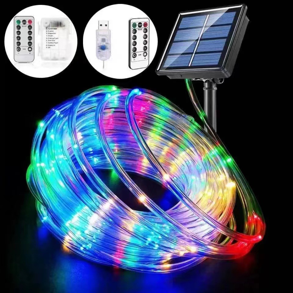 Cross-border wholesale of LED solar copper wire tube lights, outdoor waterproof Christmas tree lights, PVC rainbow tube decorative lights full figure
