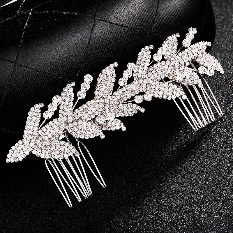 European and American accessories, rhinestone claw chain comb, leaf-shaped bride's updo headwear, wedding banquet diamond-encrusted bride's comb Specification drawing