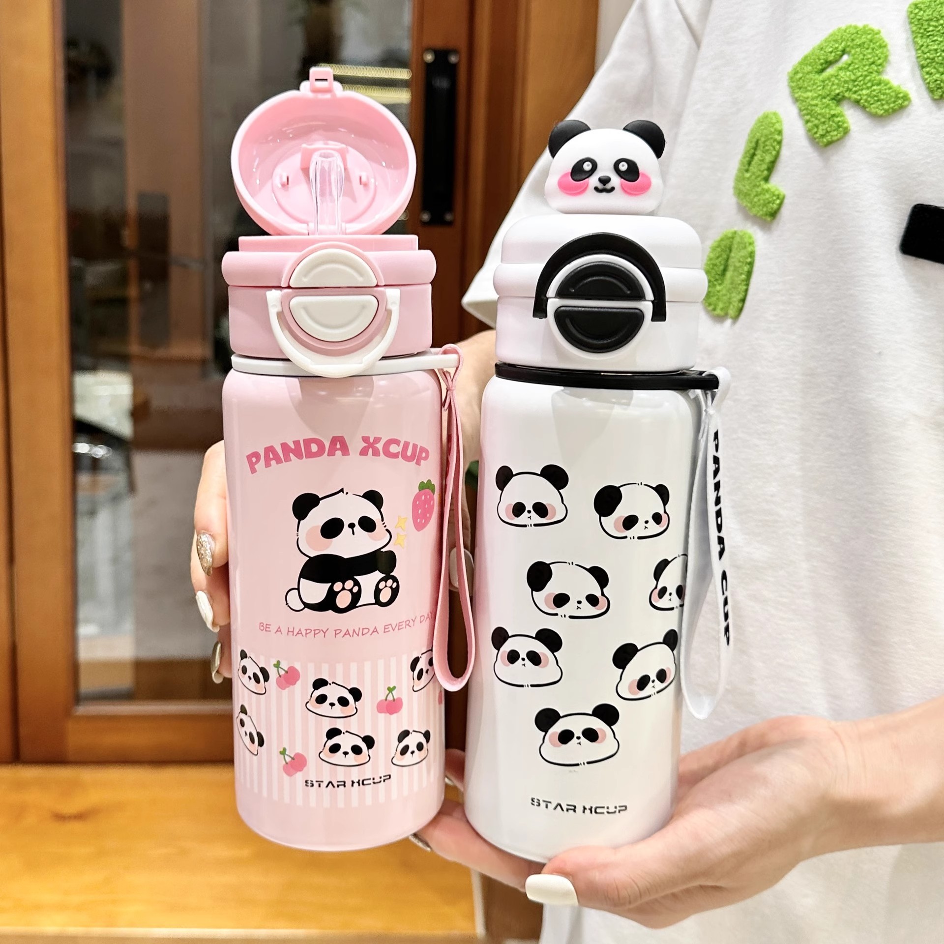Panda Children's Water Cup, 2024 New model for students to go to School, high appearance level Double Drinking straw Insulated cup for boys and girls details Picture