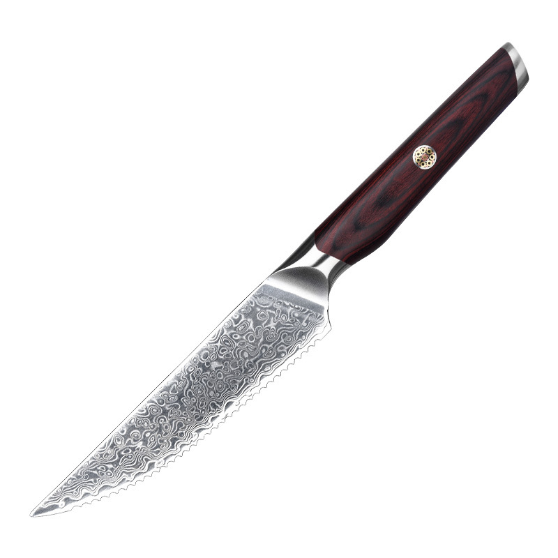 Factory direct sales of Damascus steel steak knives, colored wooden handle steak knives, sharp household and commercial steak knife sets Item Picture