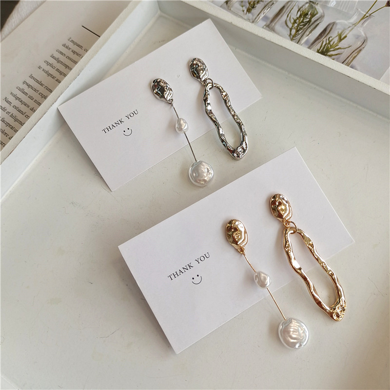 S925 Silver Needle Geometric Baroque style pearl stud asymmetrical earrings, personalized and irregular fashionable earrings details Picture