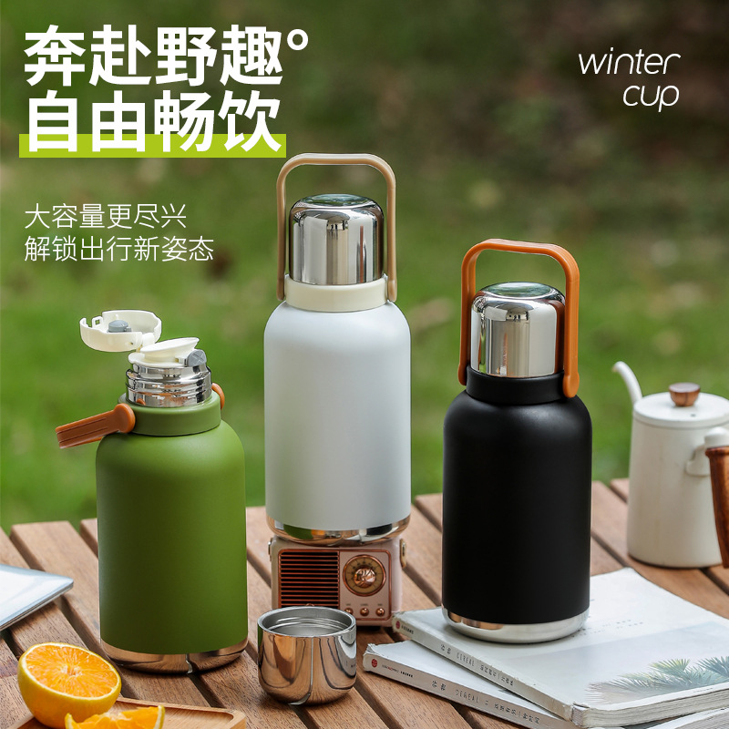 Wholesale of new all-steel lid 316 insulated cups, stainless steel large-capacity hand-held water cups, and outdoor portable travel flasks details Picture