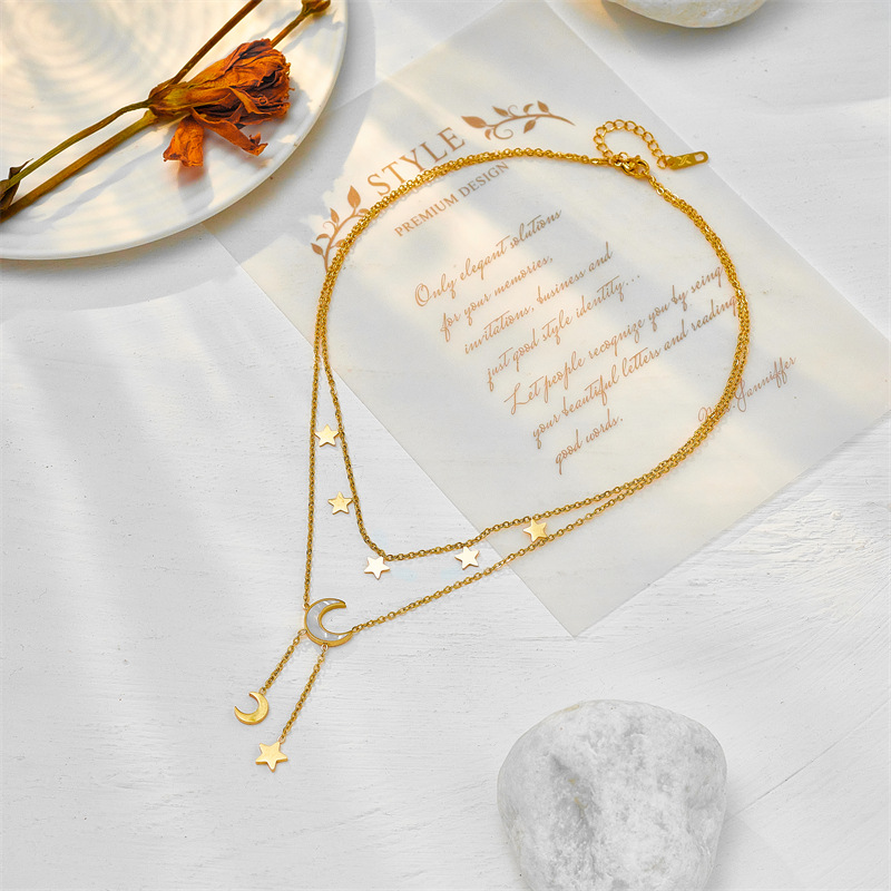 Korean version double-layer stacked white shell star moon titanium steel versatile tassel collarbone chain jewelry necklace details Picture