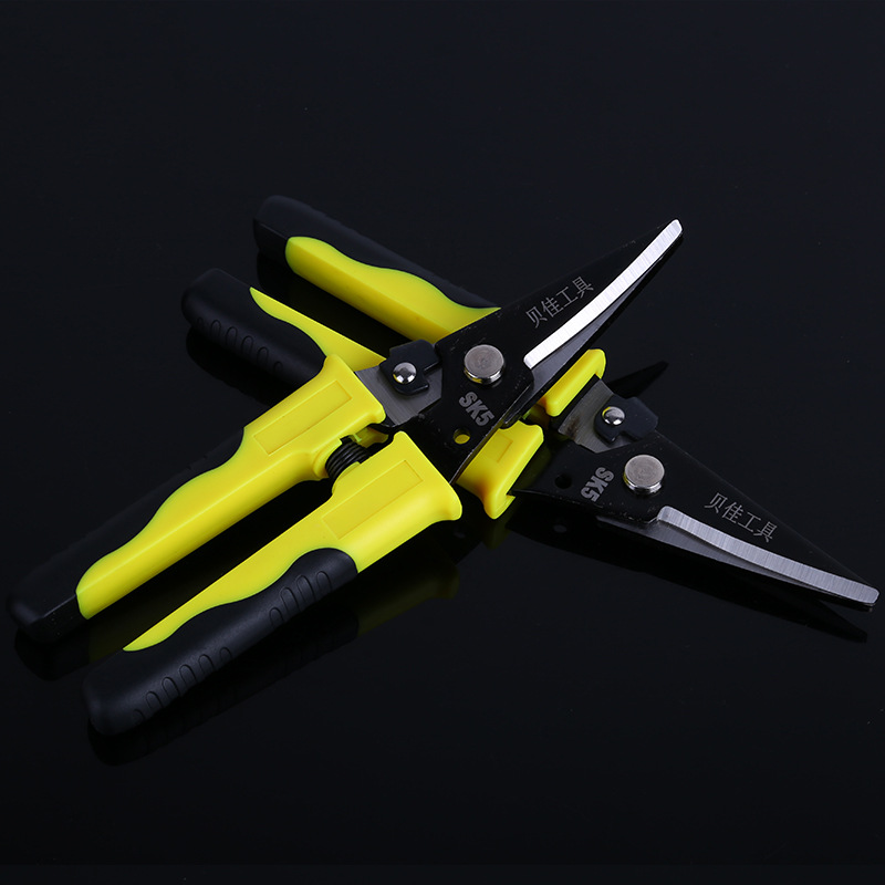 Hardware tools: Beijia multi-functional household scissors, sharp metal scissors wholesale, 65# manganese steel V-shaped iron sheet scissors Specification drawing