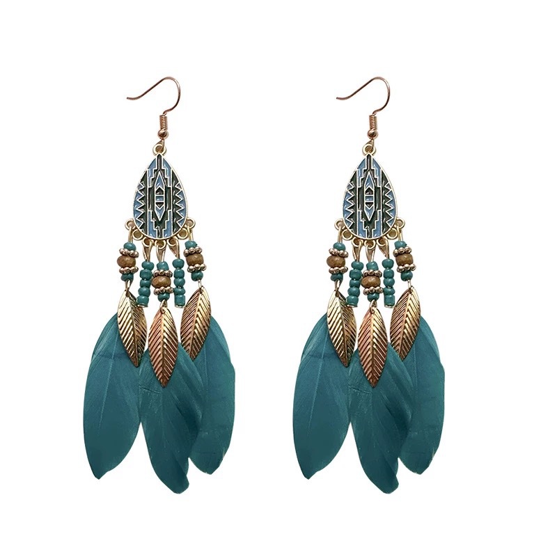 Bohemian-style long tassel earrings, women's high-end vacation style feather stud earrings, ethnic style retro earrings Item Picture