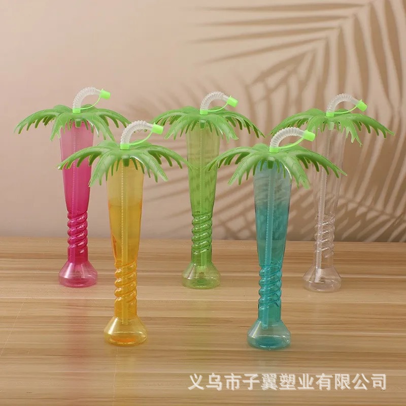 Factory direct sales of disposable PET food-grade creative torch tree cups, beach summer juice milk tea straw cups full figure