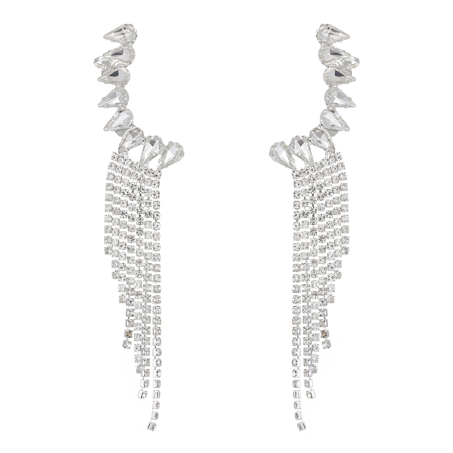 Exaggerated and fashionable European and American women's earrings, rhinocones, tassels, geometric claw chain earrings, light luxury and niche stud ear clips for women Item Picture