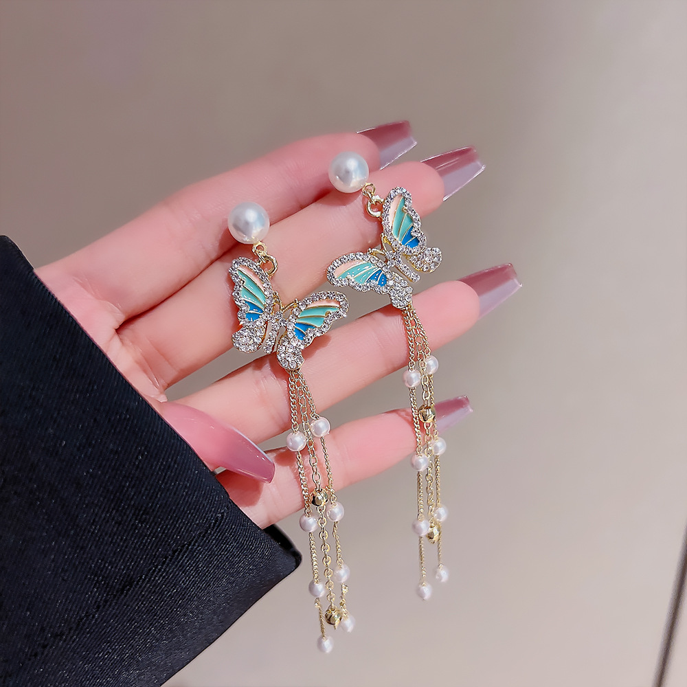 Exaggerated and elegant earrings, fashionable tassel pearl butterfly earrings, summer high-end long exquisite earrings for women wholesale Specification drawing