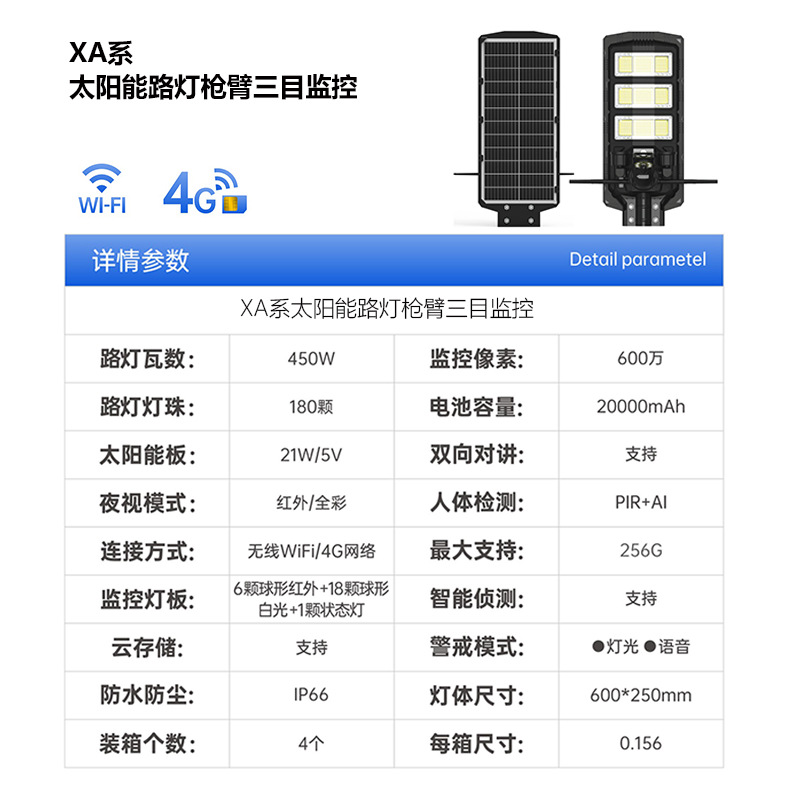Solar street lamp head with camera, led high-definition monitoring, solar panel, high wattage, outdoor waterproof garden lamp Specification drawing