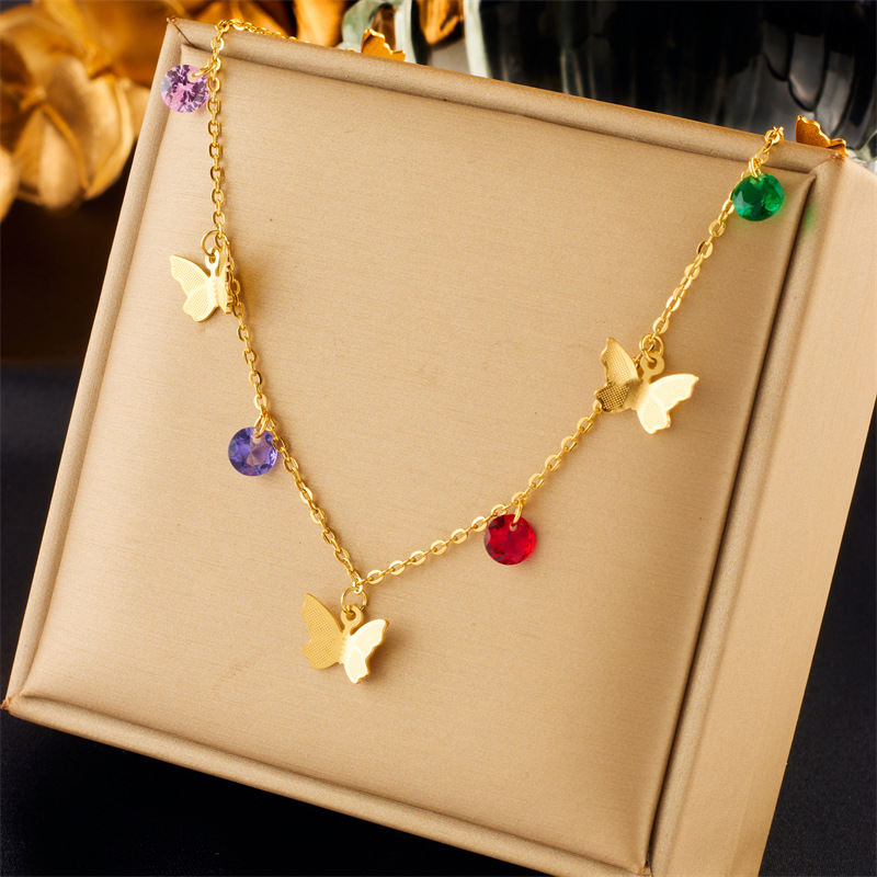 European and American fashion seven-color cut beaded butterfly pendant titanium steel metal jewelry, versatile and high-end, cold style necklace full figure
