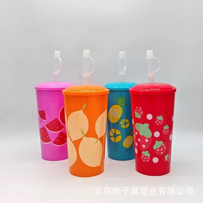 Factory direct sales of new best-selling PET fruit printed juice and milk tea drink cups, fruit series plastic straw cups full figure