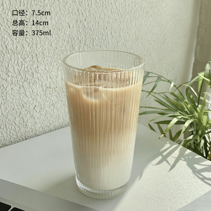 Cross-border InS-style simple vertical striped glass with lid straw cup, high appearance level, cold cup for juice, milk, coffee and beverages Specification drawing