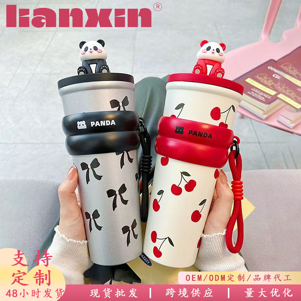 High appearance level, large capacity, niche and trendy insulated cup, cute panda ice king cup, 2025 new model straw cup full figure