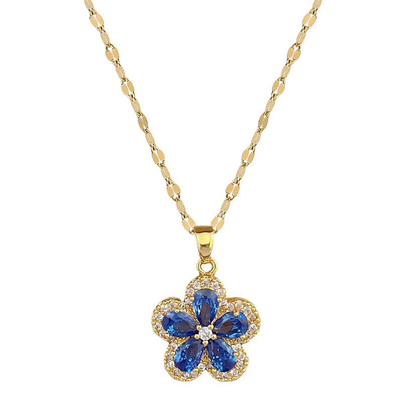 【 Titanium Steel 】 Five-leaf Flower Necklace Earring set, light luxury, micro-inlay, personalized and elegant banquet earrings and Necklaces combination Item Picture
