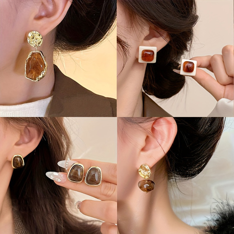 Cross-border bestseller autumn and winter coffee-colored high-end stud earrings for women, new 2024 trendy and stylish earrings, retro Hong Kong-style earrings Application Scenario