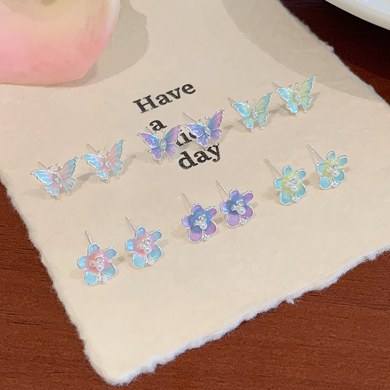 Summer sweet mint Mambo butterfly earrings set for women, silver needle, fresh and delicate flower, niche luxury and versatile earrings Specification drawing