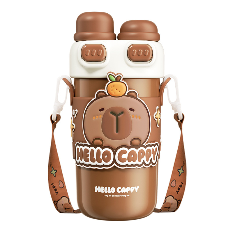 Cute and good-looking Kapibala cup, double-drinking, double-lid student thermos cup, adjustable cup string, portable water cup Item Picture