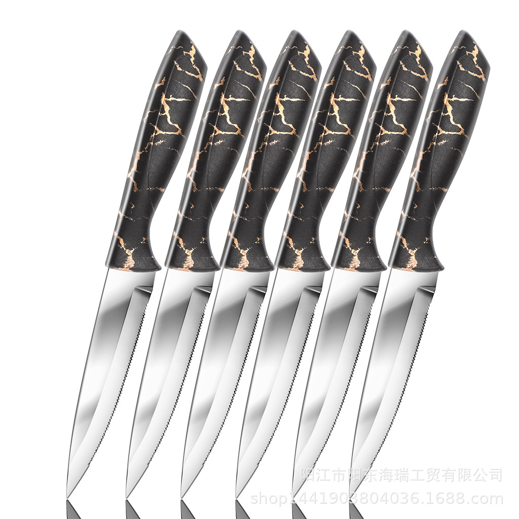 Stainless steel marble-patterned steak knife, serrated knife, Western dining knife, six-piece set of Western tableware, kitchen and hotel utensils Application Scenario