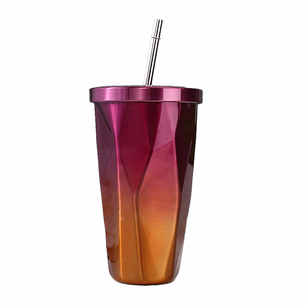 New gradient color cups, diamond-shaped insulated cups with straws, stainless steel double-layer water cups, advertising gifts, coffee water cups Specification drawing