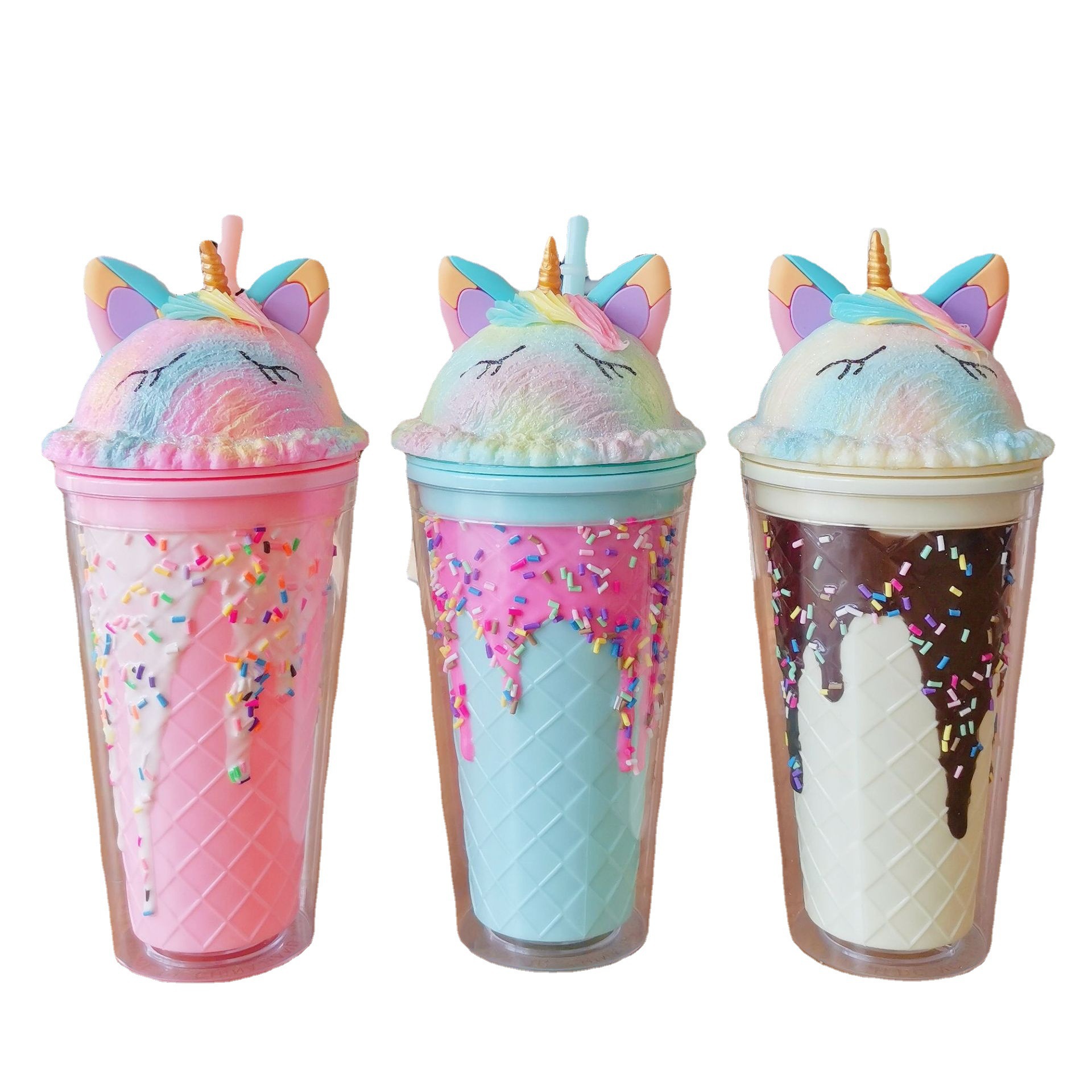 Unicorn Ice Cup Summer Fashion Double-layer plastic straw cup Cute high appearance level Covered water cup cross-border export Item Picture