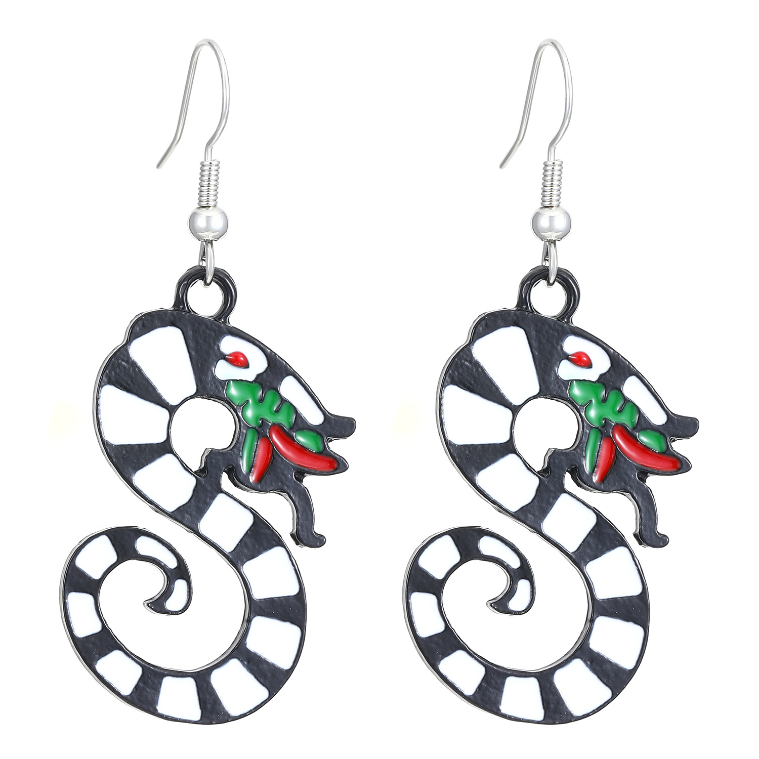 Cross-border new zodiac snake earrings, exaggerated Gothic style, black and white silver ring snake, dark style earrings and earrings for women wholesale Item Picture