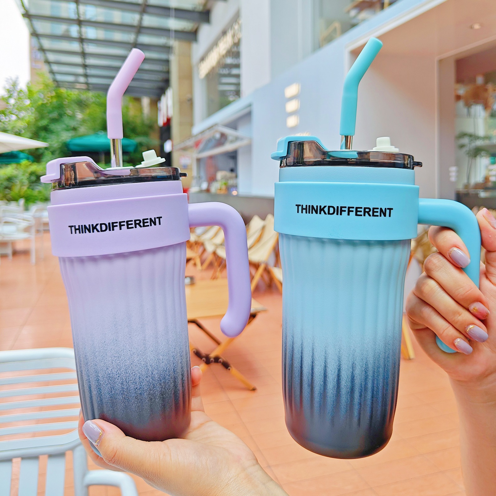 American-style gradient 316 stainless steel insulated cup with straw, double-drinking cup for students, women, office coffee cup, car cup details Picture