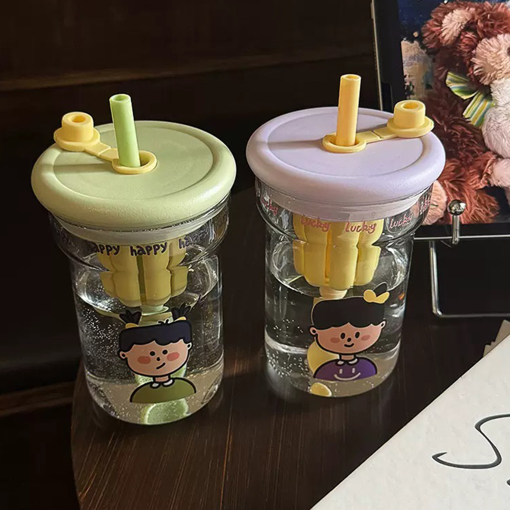 High-temperature resistant tea-water separation glass cup for girls, high appearance level fruit tea straw cup, ins cartoon office coffee cup details Picture