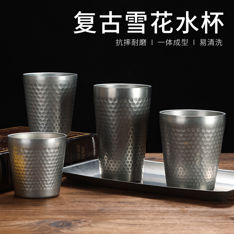 Retro stainless steel diamond-patterned cups, water cups, tea cups, juice cups, beer mugs, aged snowflake grey, portable for outdoor use Specification drawing