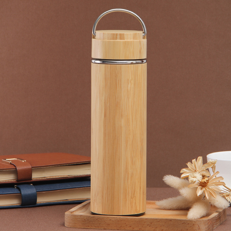Customized European and American style bamboo shell insulated cups, double-layer stainless steel bamboo shell insulated cups, handle bamboo lid cups, customizable logos details Picture