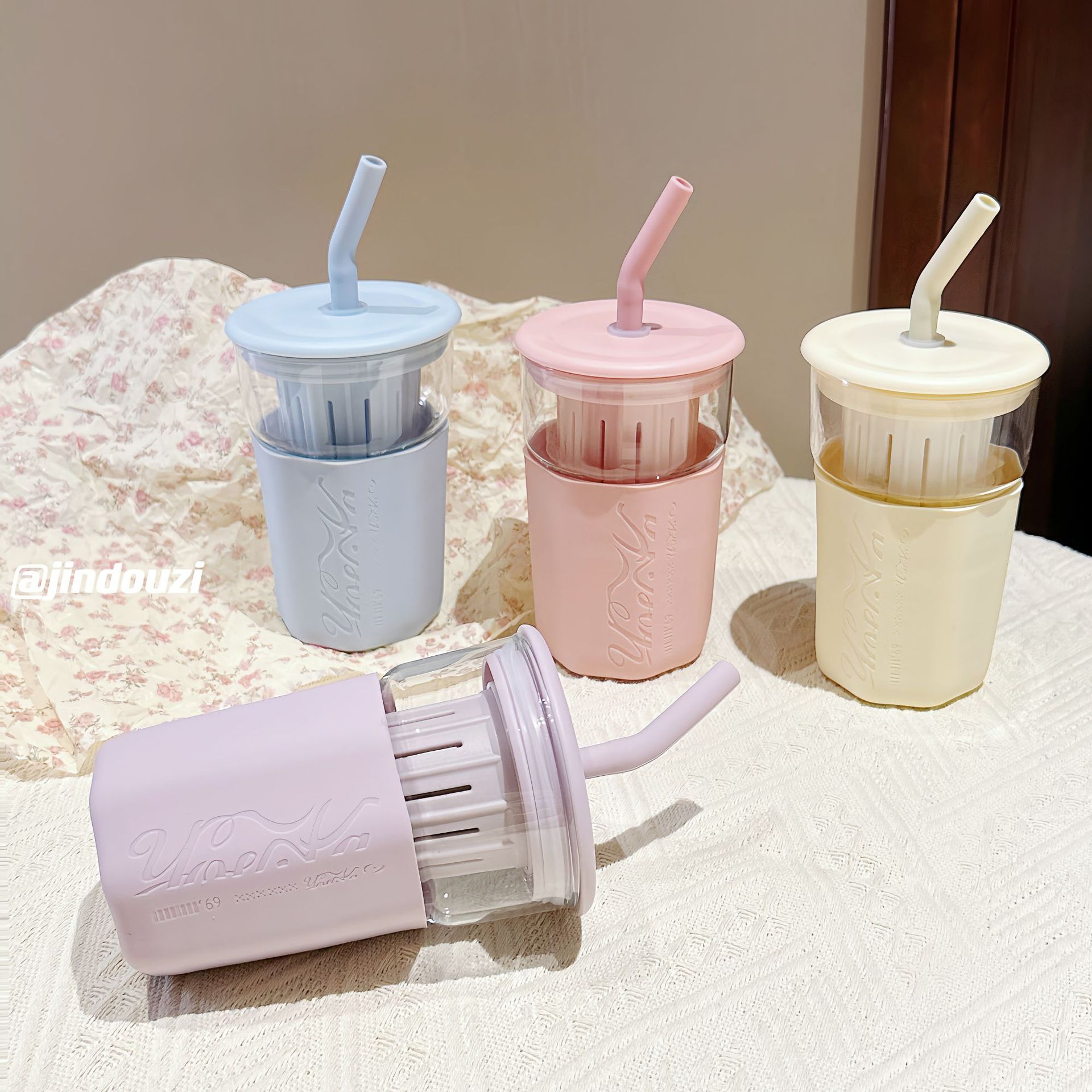 Simple tea-making glass cup, heat-insulating and heat-resistant with filter, straw cup, office and household, female gift, couple water cup Specification drawing
