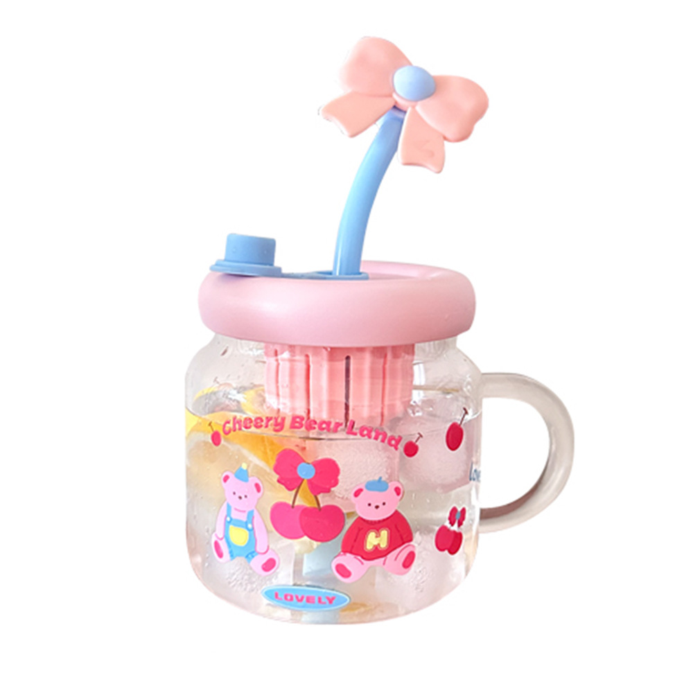 High appearance level bow water cup for girls, large-capacity high-temperature resistant glass cup, tea brewing with filter, cartoon straw cup Item Picture
