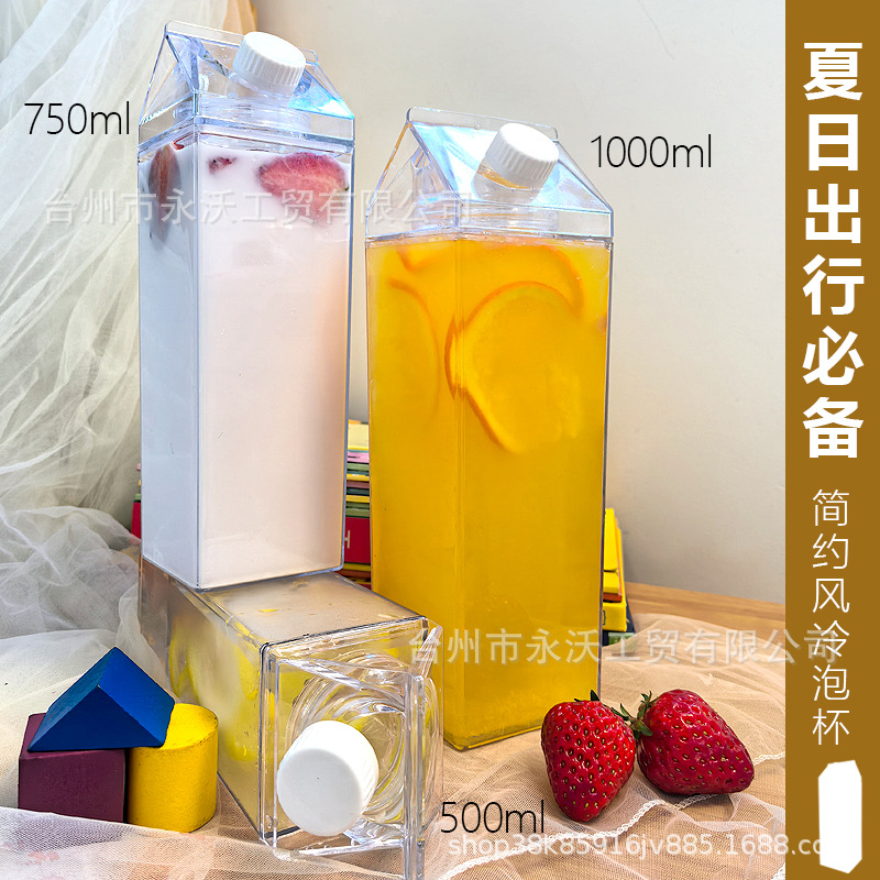 Creative cartoon square milk box-shaped water cup, transparent large-capacity portable juice box for home use in summer Specification drawing
