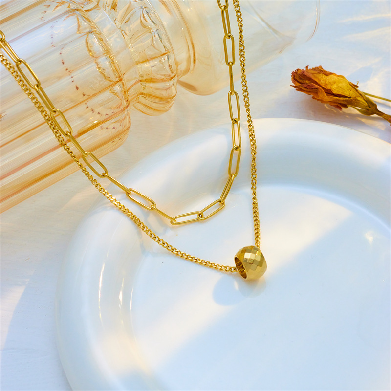 European and American fashion style, simple, light luxury, high-end double-layer overlapping cut surface round bead pendant chain titanium steel metal necklace details Picture