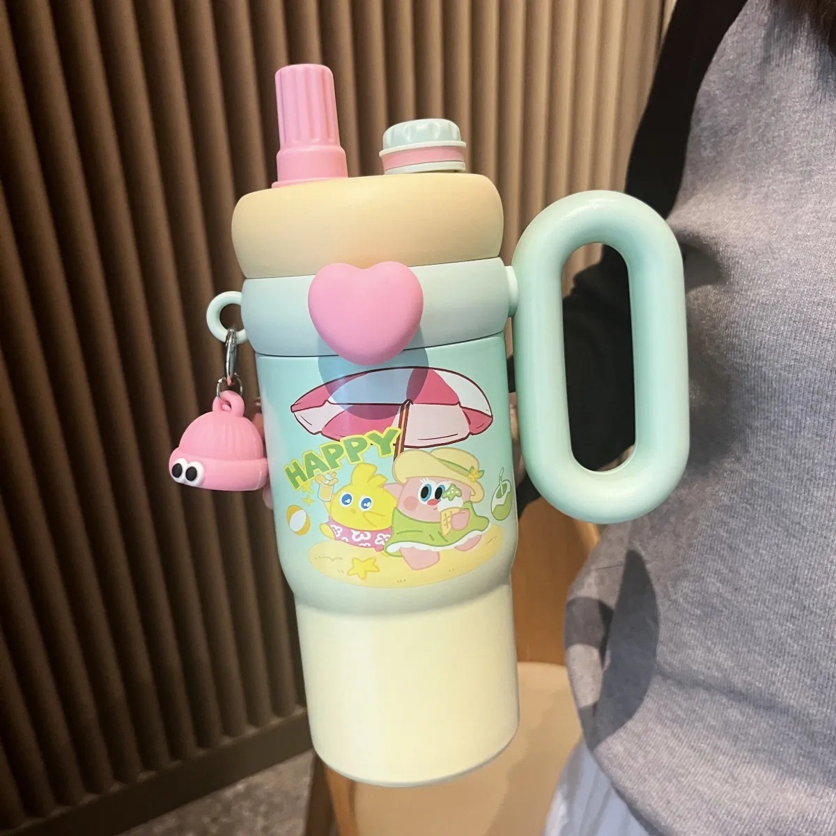 Cartoon doll stainless steel insulated cup, large-capacity straw cup for girls, high ins appearance level, portable handle water cup details Picture
