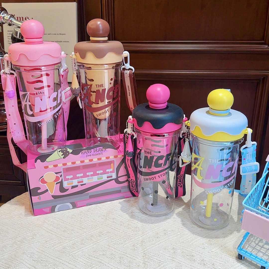 Ice cream creative straw cup, student high appearance level outdoor plastic cup, slanted cross with filter, tea brewing girls' water cup details Picture